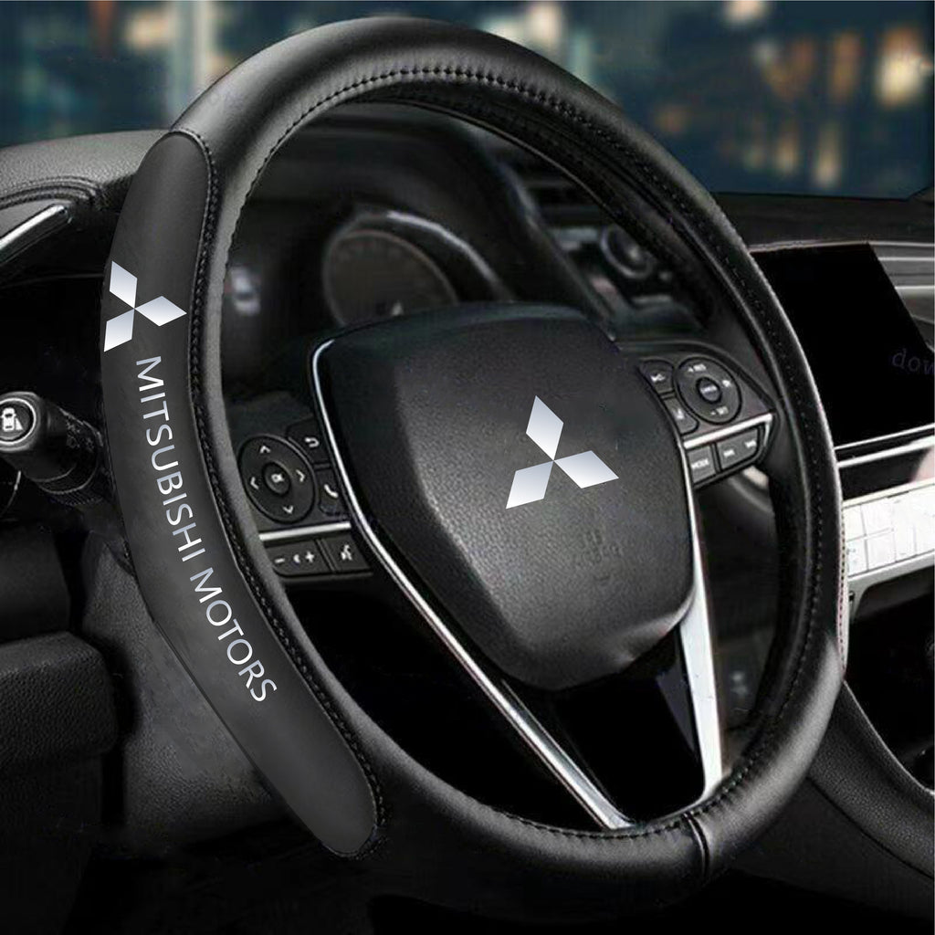 Brand New Universal MITSUBISHI Black PVC Leather Steering Wheel Cover 14.5"-15.5" Inches
