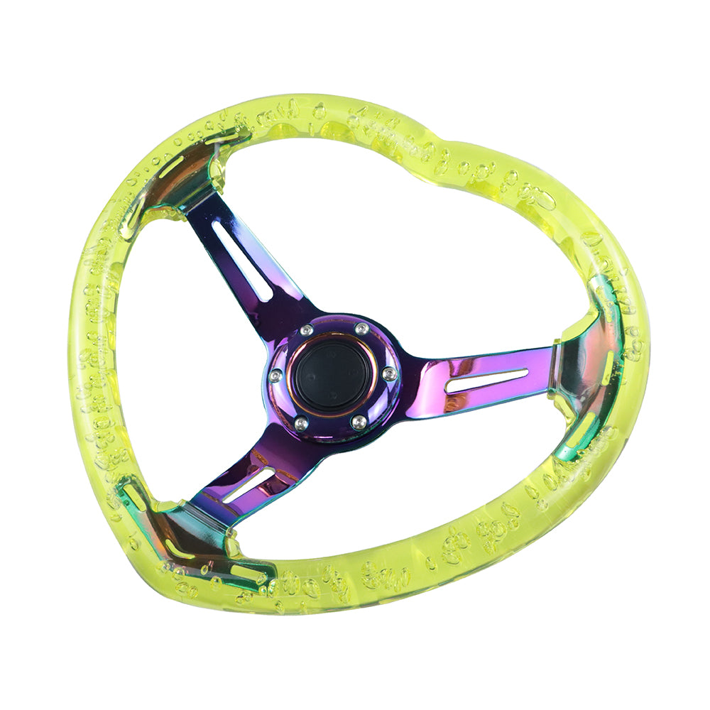 Brand New Universal 6-Hole 350MM Heart Yellow Deep Dish Vip Crystal Bubble Neo Spoke Steering Wheel