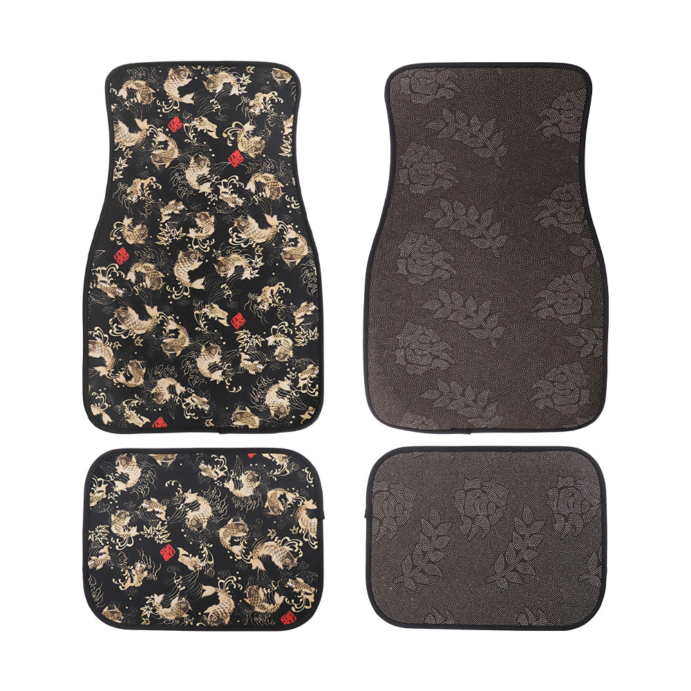 Brand New 4PCS SAKURA KOI FISH Racing Black Fabric Car Floor Mats Interior Carpets