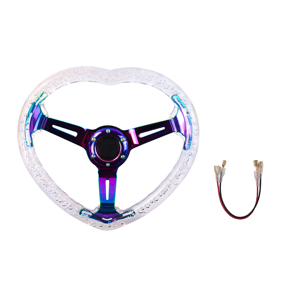 Brand New Universal 6-Hole 350MM Heart Clear Deep Dish Vip Crystal Bubble Neo Spoke Steering Wheel