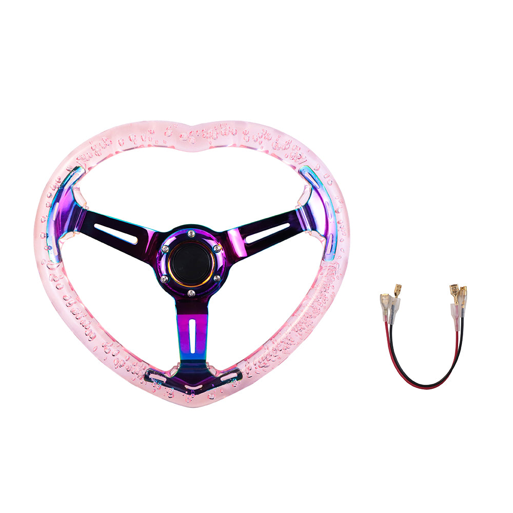 Brand New Universal 6-Hole 350MM Heart Pink Deep Dish Vip Crystal Bubble Neo Spoke Steering Wheel
