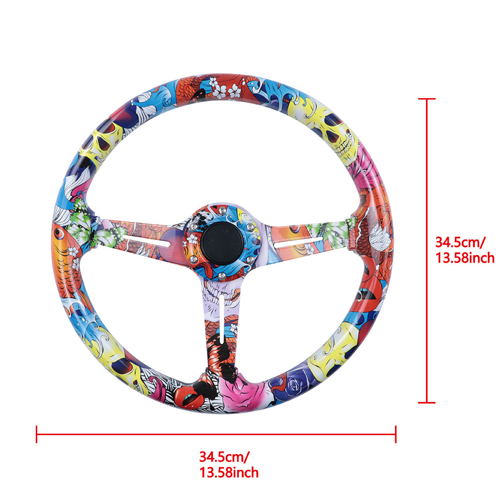 BRAND NEW UNIVERSAL 350MM 14'' Stickerbomb Acrylic Deep Dish 6 Holes Steering Wheel w/Horn Button Cover