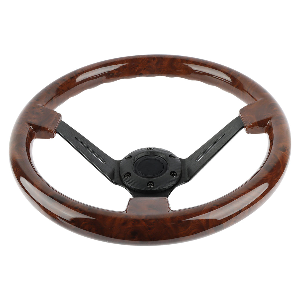 Brand New 350mm 14" Universal JDM Deep Dish Dark Wood ABS Racing Steering Wheel Black Spoke
