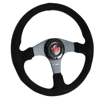 Brand New 14" TRD Style Racing Black Stitching Leather Suede Sport Steering Wheel w Horn Button