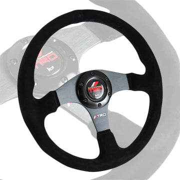 Brand New 14" TRD Style Racing Black Stitching Leather Suede Sport Steering Wheel w Horn Button