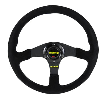 Brand New 14" MOMO Style Racing Black Stitching Leather Suede Sport Steering Wheel w Horn Button