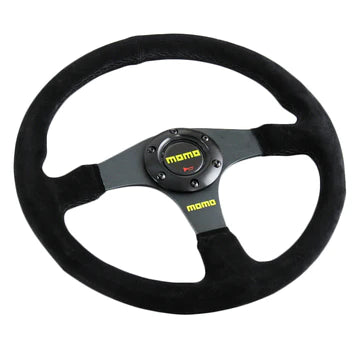 Brand New 14" MOMO Style Racing Black Stitching Leather Suede Sport Steering Wheel w Horn Button