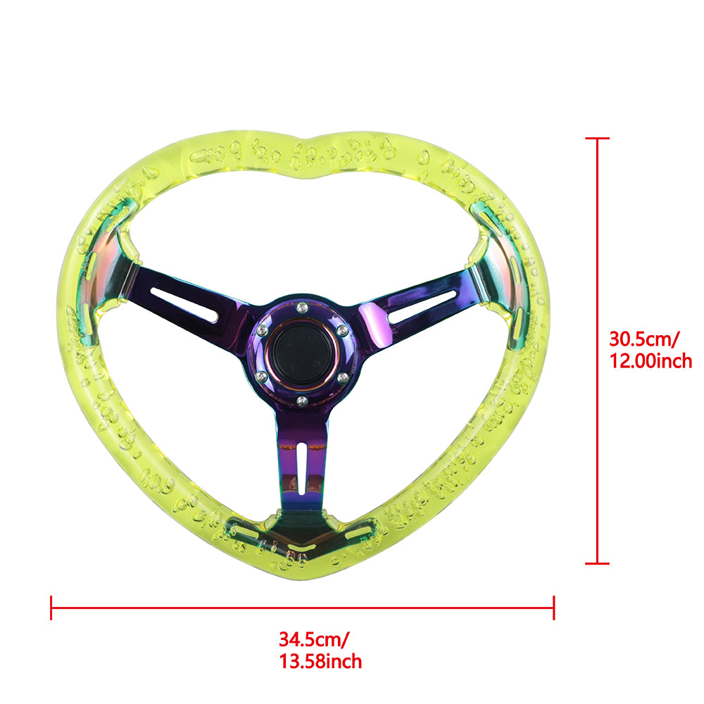 Brand New Universal 6-Hole 350MM Heart Yellow Deep Dish Vip Crystal Bubble Neo Spoke Steering Wheel