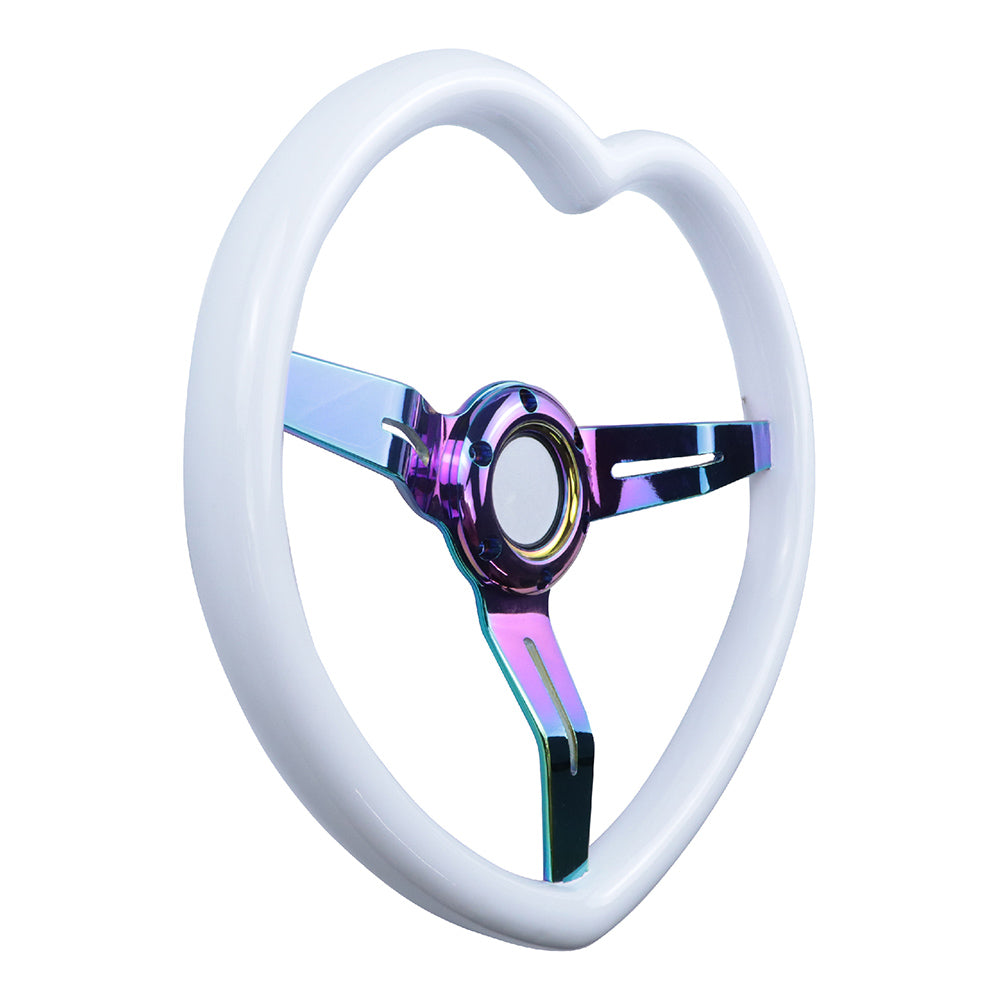 Brand New 350mm 13.77" Universal Heart Shaped White ABS Racing Steering Wheel Neo Chrome Spoke