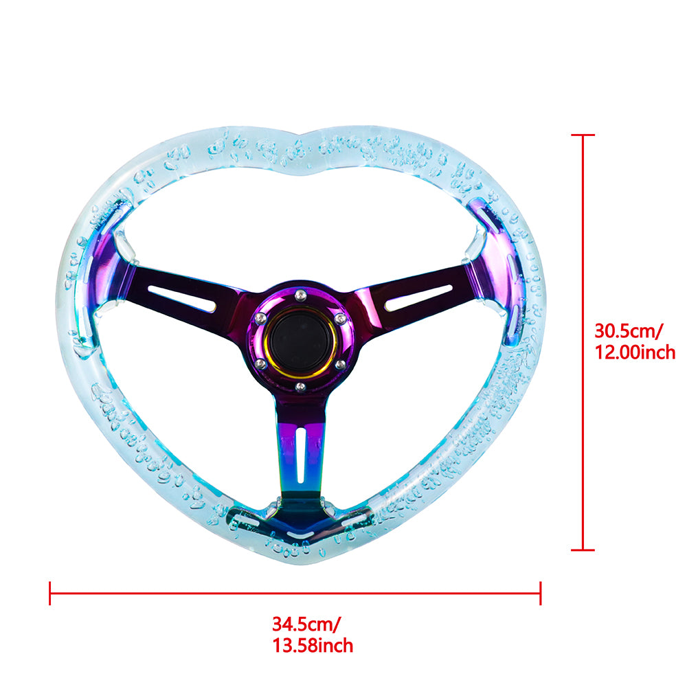 Brand New Universal 6-Hole 350MM Heart Light Blue Deep Dish Vip Crystal Bubble Neo Spoke Steering Wheel