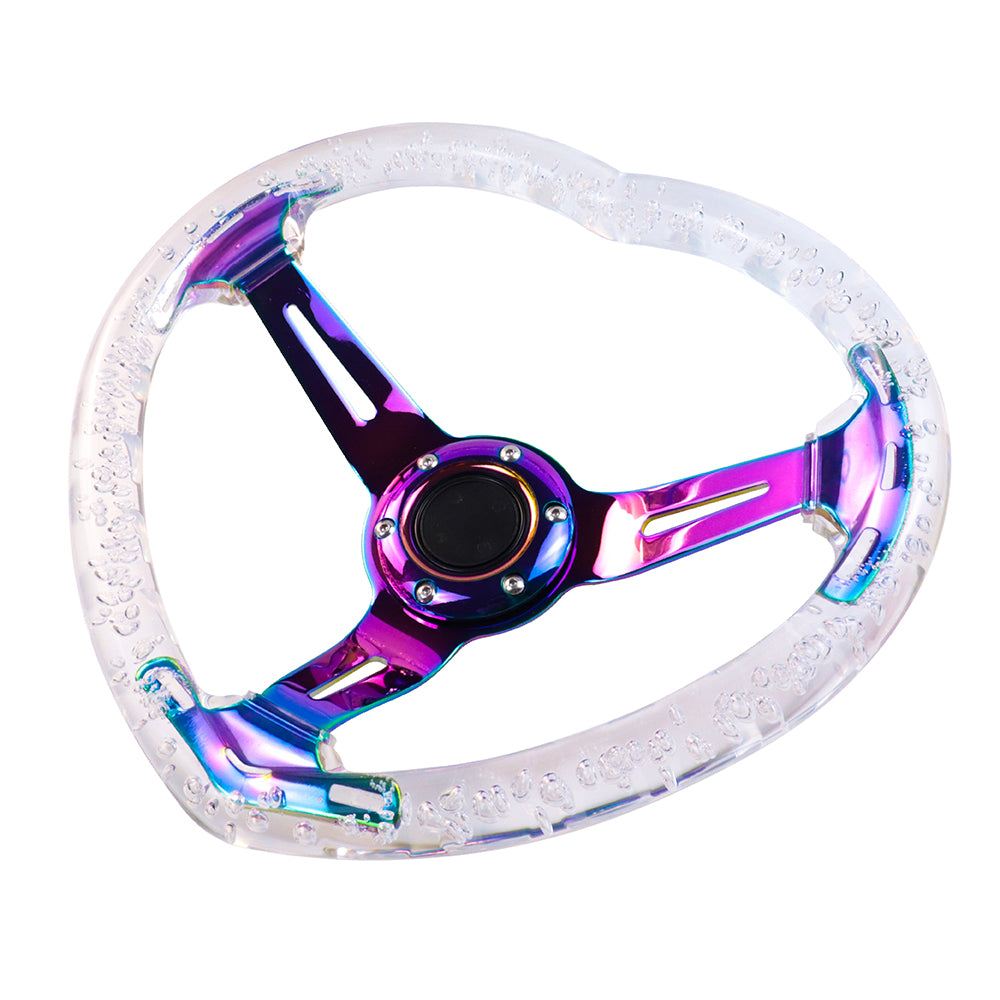 Brand New Universal 6-Hole 350MM Heart Clear Deep Dish Vip Crystal Bubble Neo Spoke Steering Wheel