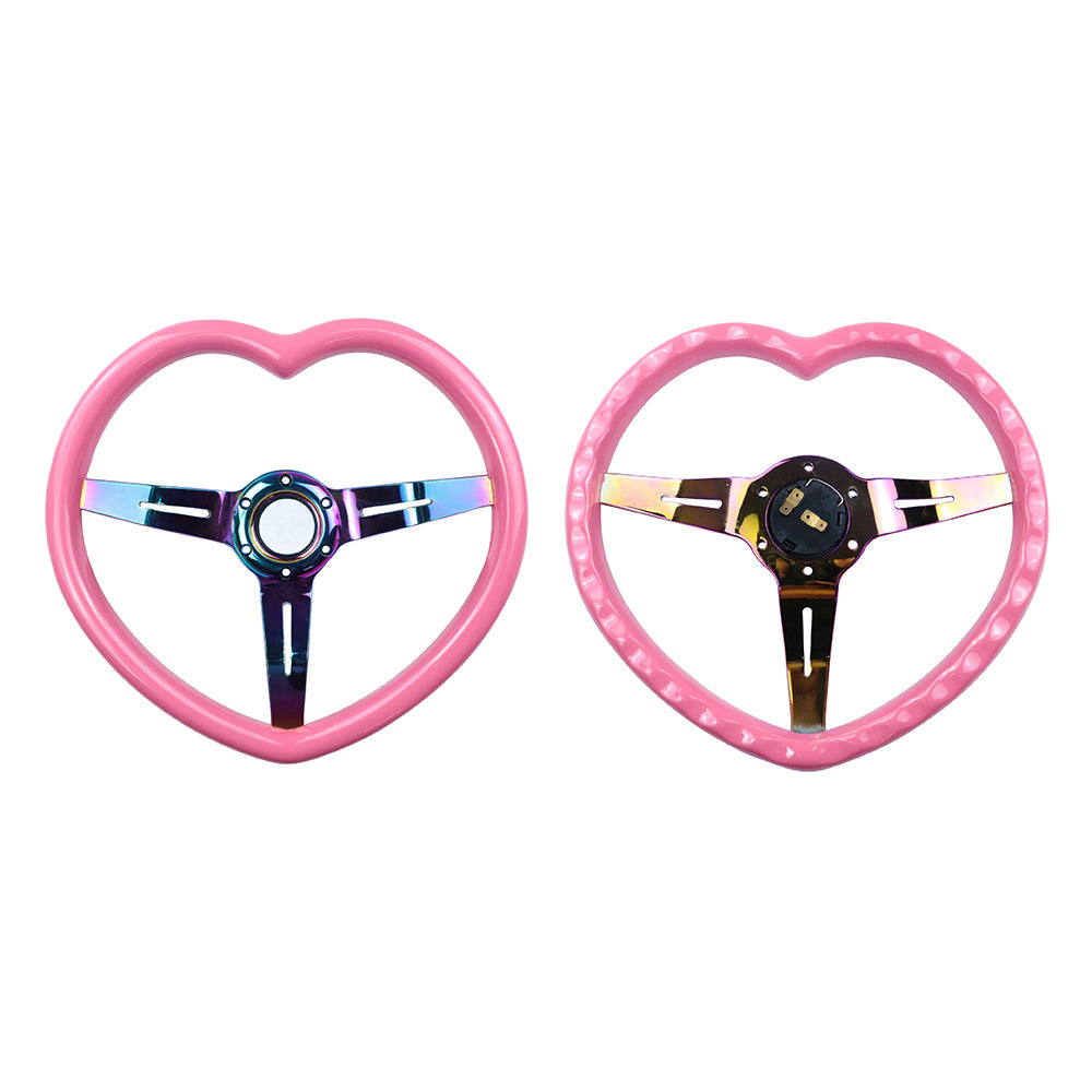 Brand New 350mm 13.77" Universal Heart Shaped Pink ABS Racing Steering Wheel Neo Chrome Spoke