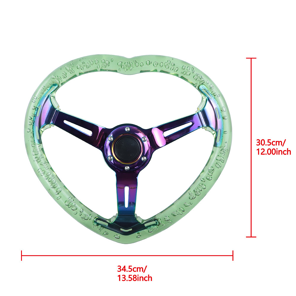 Brand New Universal 6-Hole 350MM Heart Green Deep Dish Vip Crystal Bubble Neo Spoke Steering Wheel