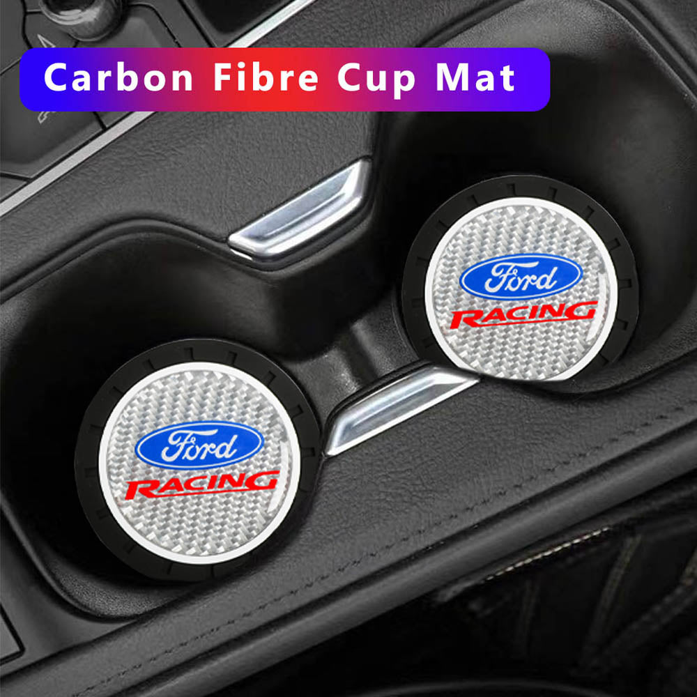Brand New 2PCS Ford Racing Real Carbon Fiber Car Cup Holder Pad Water Cup Slot Non-Slip Mat Universal