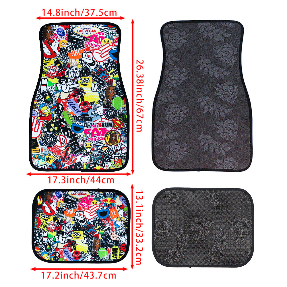 Brand New 4PCS UNIVERSAL JDM STICKERBOMB Racing Fabric Car Floor Mats Interior Carpets