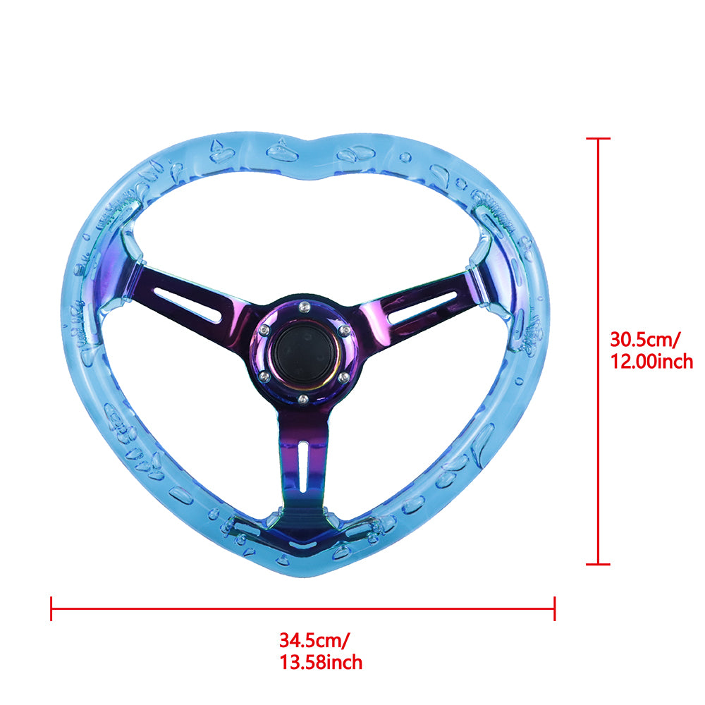 Brand New Universal 6-Hole 350MM Heart Blue Deep Dish Vip Crystal Bubble Neo Spoke Steering Wheel