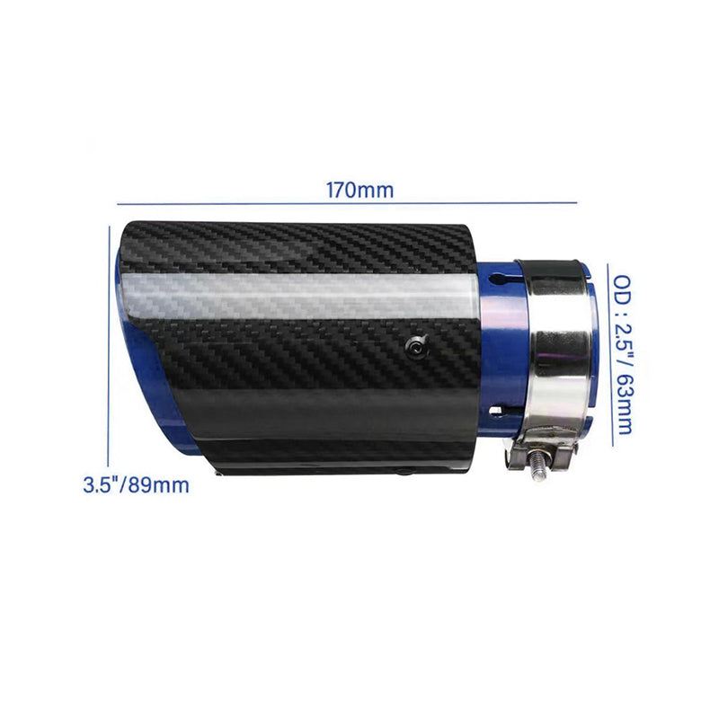 Brand New Universal 2.5'' 63MM-89MM Blue Glossy Carbon Fiber Stainless Steel Car Exhaust Pipe Single Muffler Tip Trim Straight