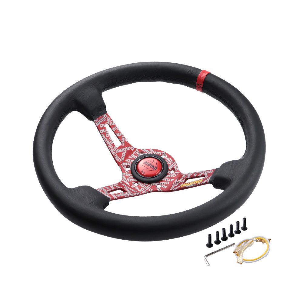 Brand New 350mm 14" Deep Dish Racing Momo Black Steering Wheel PVC Leather Red Spoke