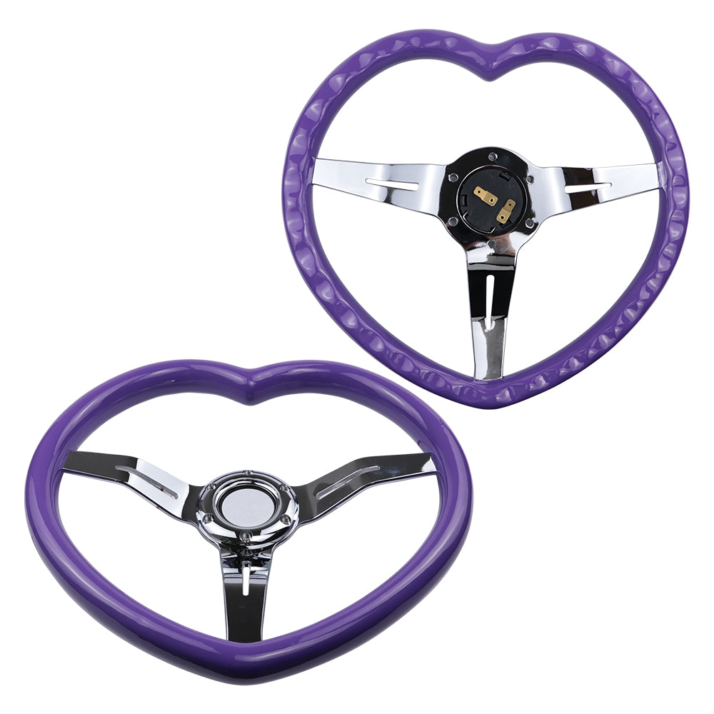 Brand New 350mm 13.77" Universal Heart Shaped Purple ABS Racing Steering Wheel Chrome Spoke