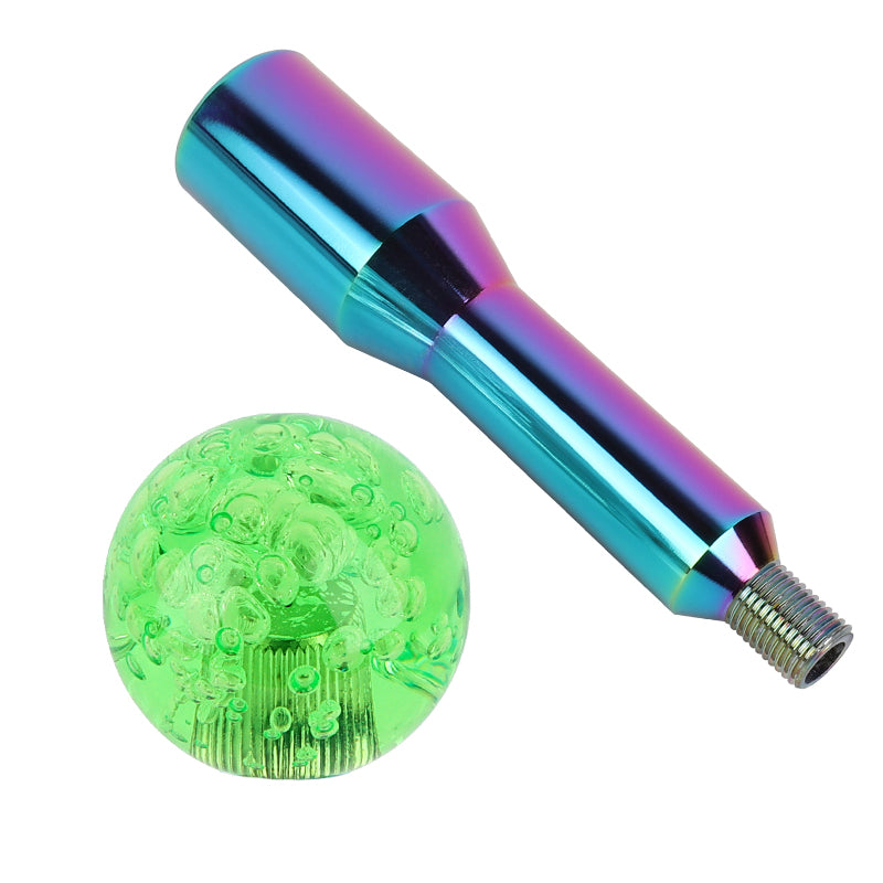 BRAND NEW UNIVERSAL V2 CRYSTAL BUBBLE GREEN ROUND BALL SHIFT KNOB MANUAL CAR RACING GEAR M8 M10 M12 & Neo Chrome Shifter Extender Extension