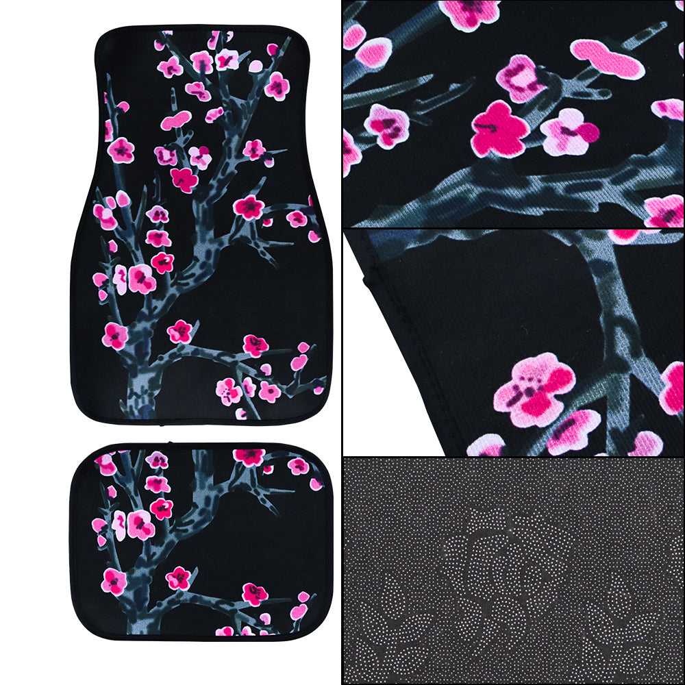 Brand New Universal 4PCS SAKURA FLOWER Racing Black Fabric Car Floor Mats Interior Carpets