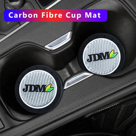Brand New 2PCS JDM Beginner Badge Real Carbon Fiber Car Cup Holder Pad Water Cup Slot Non-Slip Mat Universal