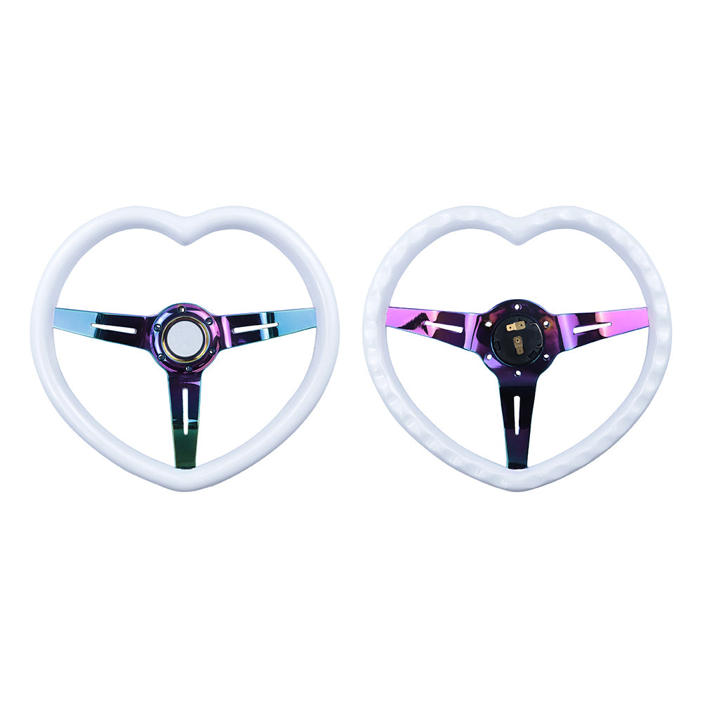 Brand New 350mm 13.77" Universal Heart Shaped White ABS Racing Steering Wheel Neo Chrome Spoke