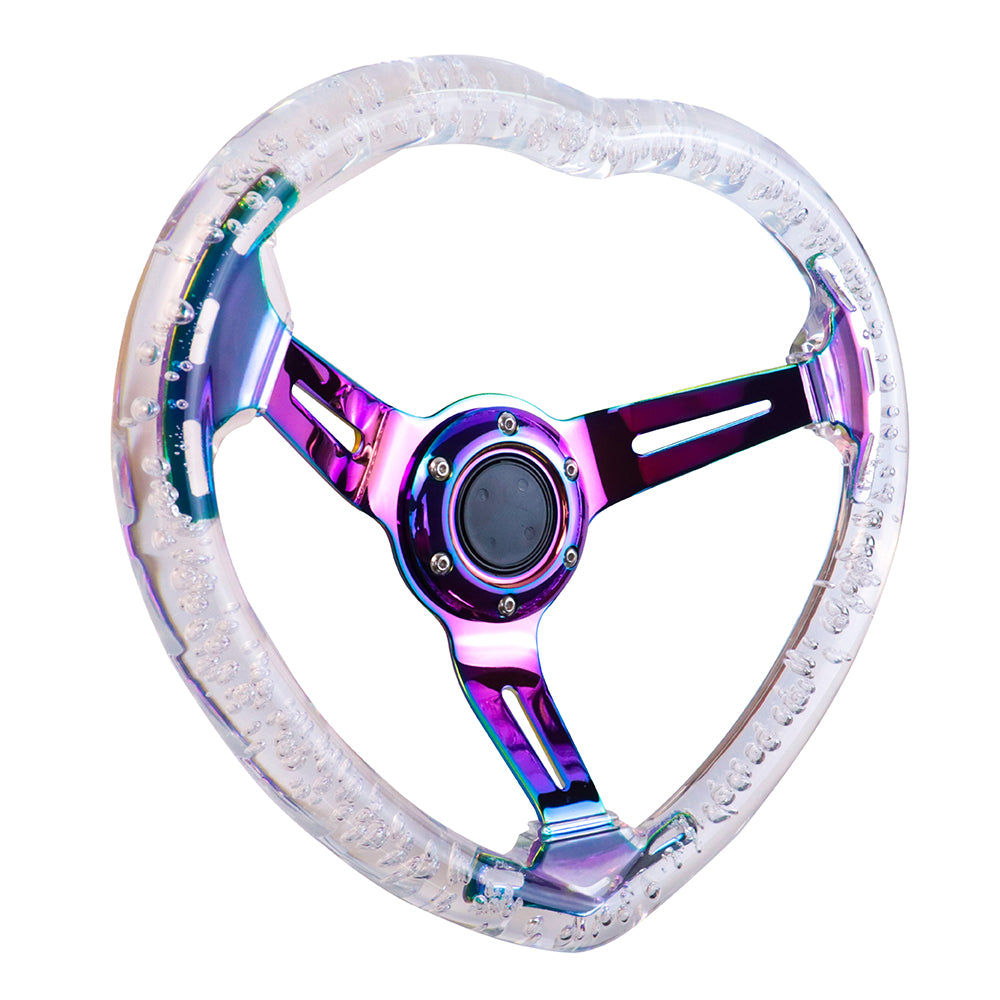 Brand New Universal 6-Hole 350MM Heart Clear Deep Dish Vip Crystal Bubble Neo Spoke Steering Wheel