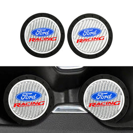 Brand New 2PCS Ford Racing Real Carbon Fiber Car Cup Holder Pad Water Cup Slot Non-Slip Mat Universal
