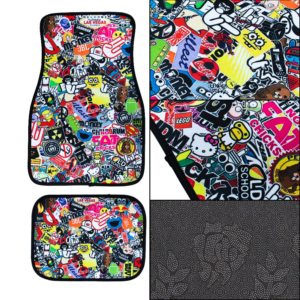 Brand New 4PCS UNIVERSAL JDM STICKERBOMB Racing Fabric Car Floor Mats Interior Carpets