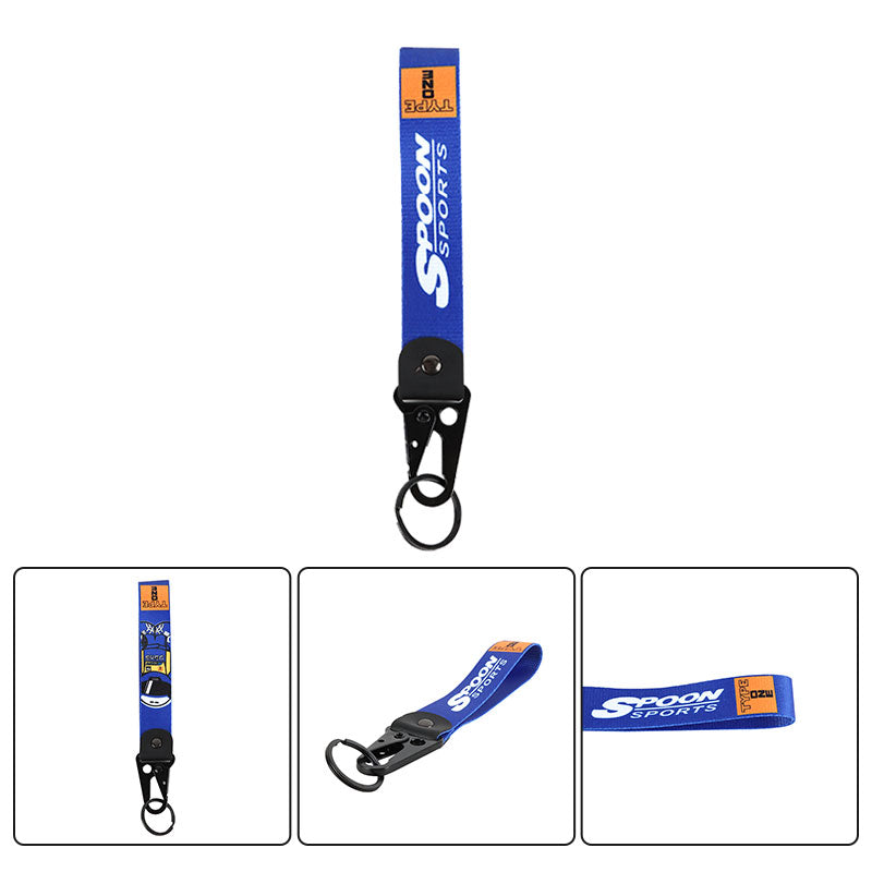 BRAND New SPOON SPORTS Blue Racing Keychain Metal key Ring Hook Strap Lanyard Universal