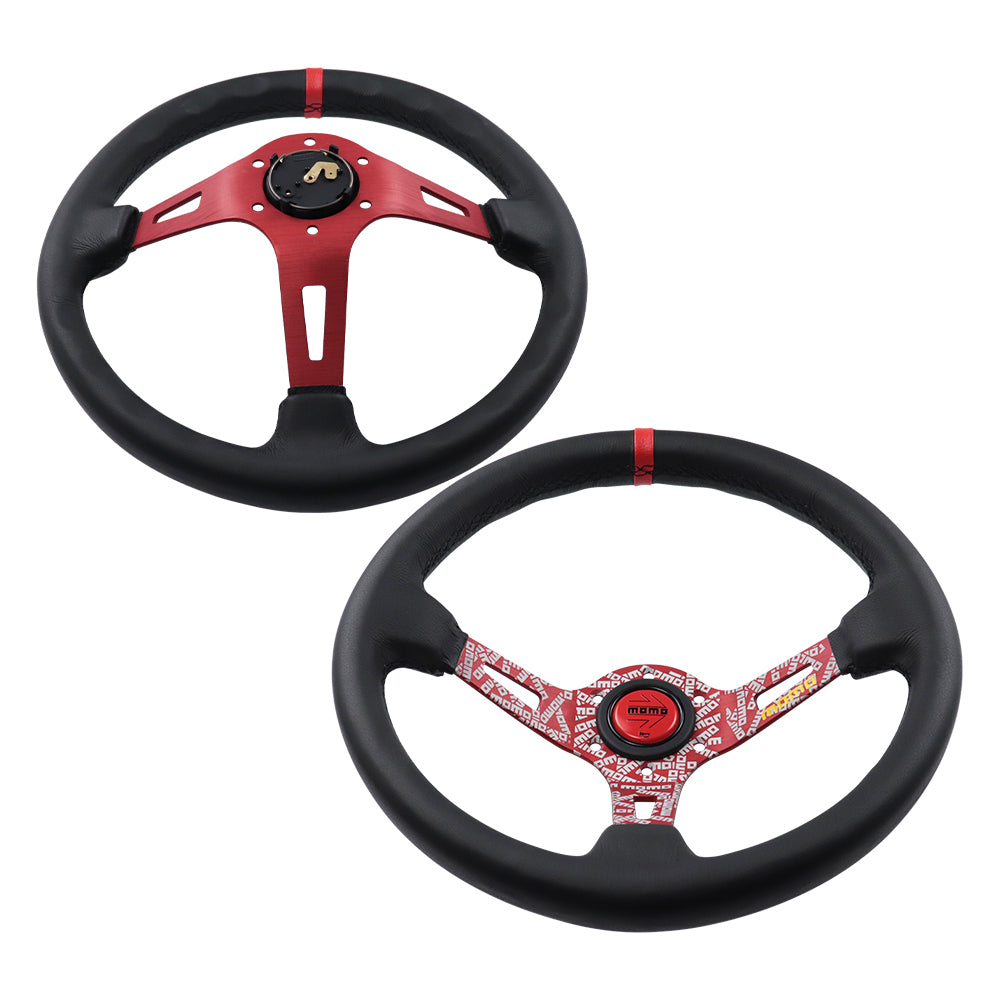 Brand New 350mm 14" Deep Dish Racing Momo Black Steering Wheel PVC Leather Red Spoke
