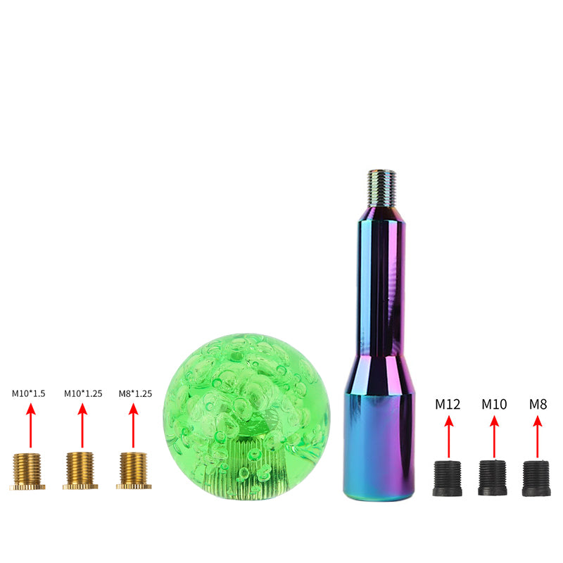 BRAND NEW UNIVERSAL V2 CRYSTAL BUBBLE GREEN ROUND BALL SHIFT KNOB MANUAL CAR RACING GEAR M8 M10 M12 & Neo Chrome Shifter Extender Extension