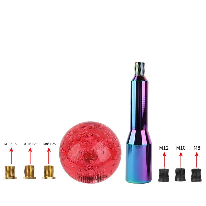 BRAND NEW UNIVERSAL V2 CRYSTAL BUBBLE RED ROUND BALL SHIFT KNOB MANUAL CAR RACING GEAR M8 M10 M12 & Neo Chrome Shifter Extender Extension