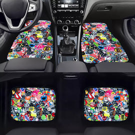 Brand New 4PCS UNIVERSAL JDM STICKERBOMB Racing Fabric Car Floor Mats Interior Carpets