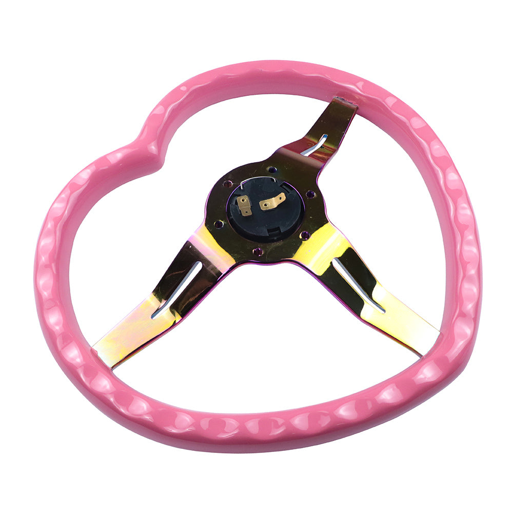 Brand New 350mm 13.77" Universal Heart Shaped Pink ABS Racing Steering Wheel Neo Chrome Spoke
