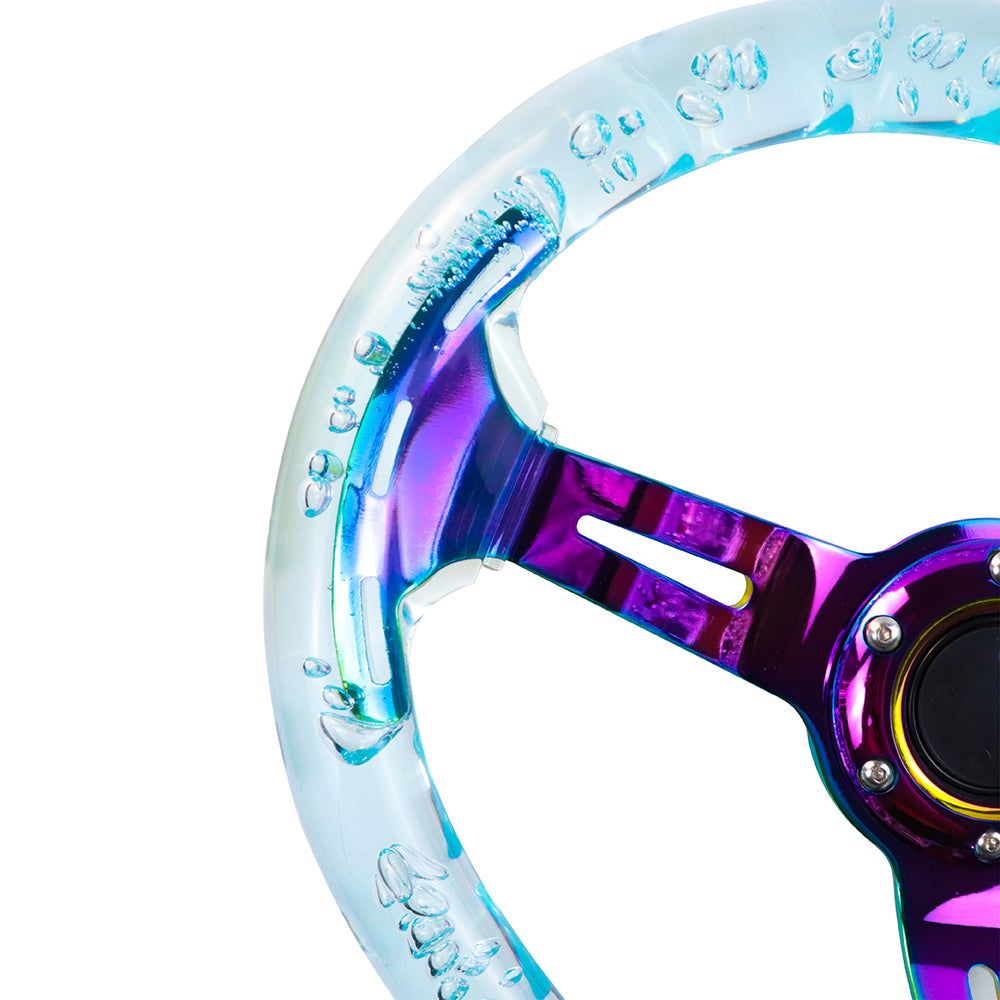 Brand New Universal 6-Hole 350MM Heart Light Blue Deep Dish Vip Crystal Bubble Neo Spoke Steering Wheel