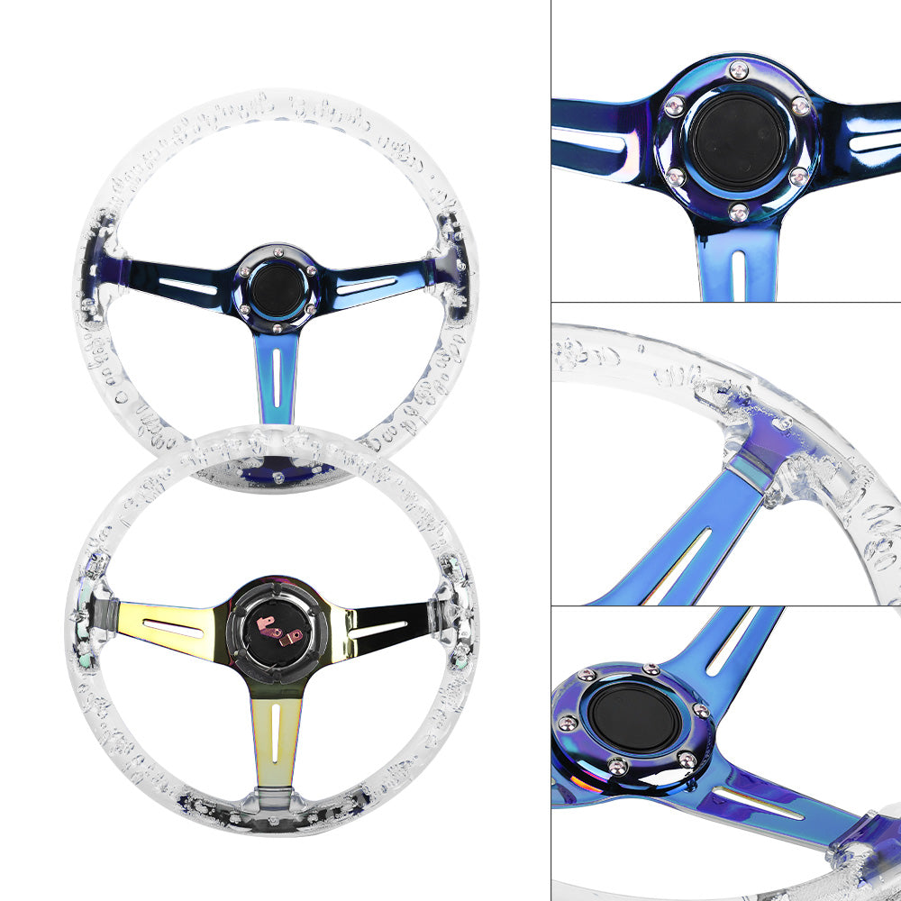 Brand New Universal 6-Hole 350mm Deep Dish Vip Clear Crystal Bubble Burnt Blue Spoke Steering Wheel