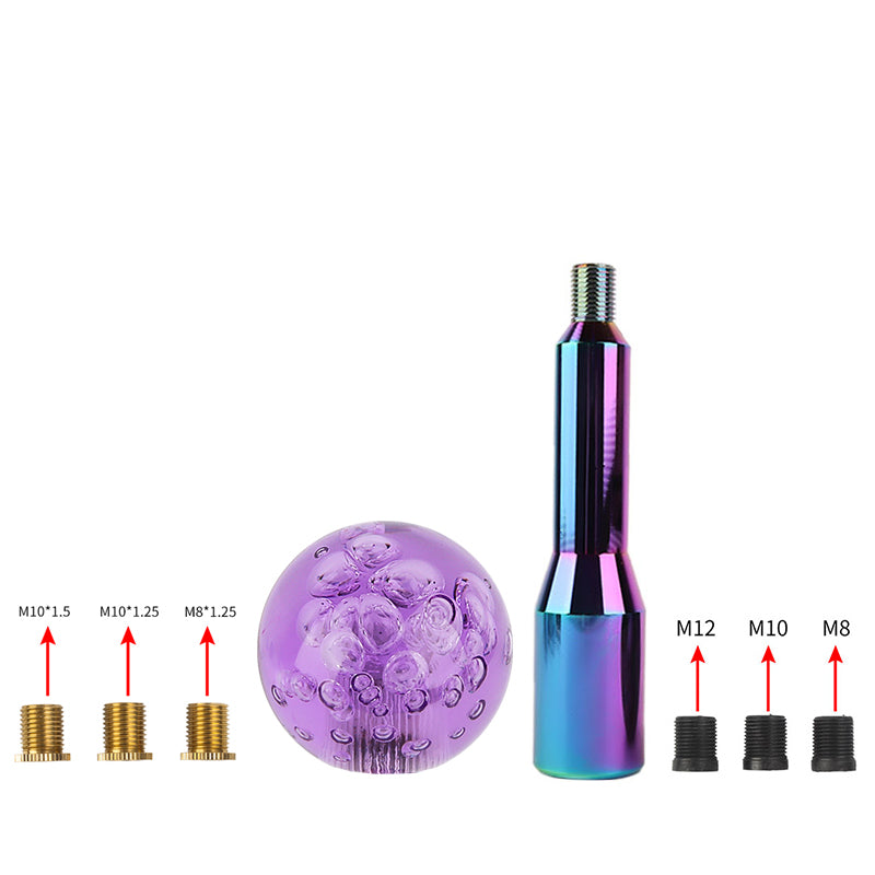 BRAND NEW UNIVERSAL V2 CRYSTAL BUBBLE PURPLE ROUND BALL SHIFT KNOB MANUAL CAR RACING GEAR M8 M10 M12 & Neo Chrome Shifter Extender Extension