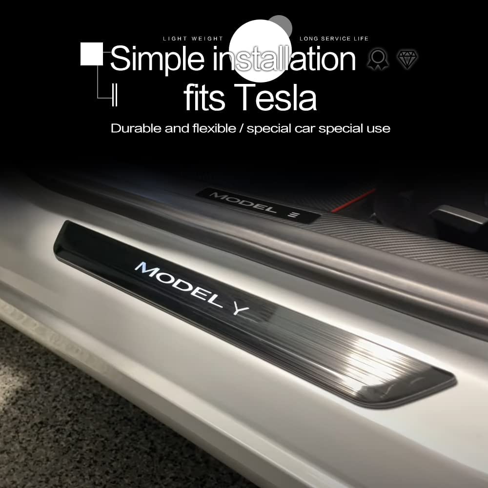 Brand New 4PCS Tesla Model Y 2020-2022 Door Sill Protector with LED Light Front/Rear Illuminated Door Sill, Magnetically Anti-Scratch