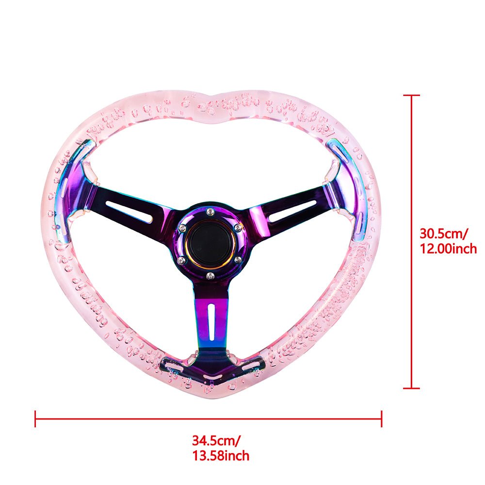 Brand New Universal 6-Hole 350MM Heart Pink Deep Dish Vip Crystal Bubble Neo Spoke Steering Wheel