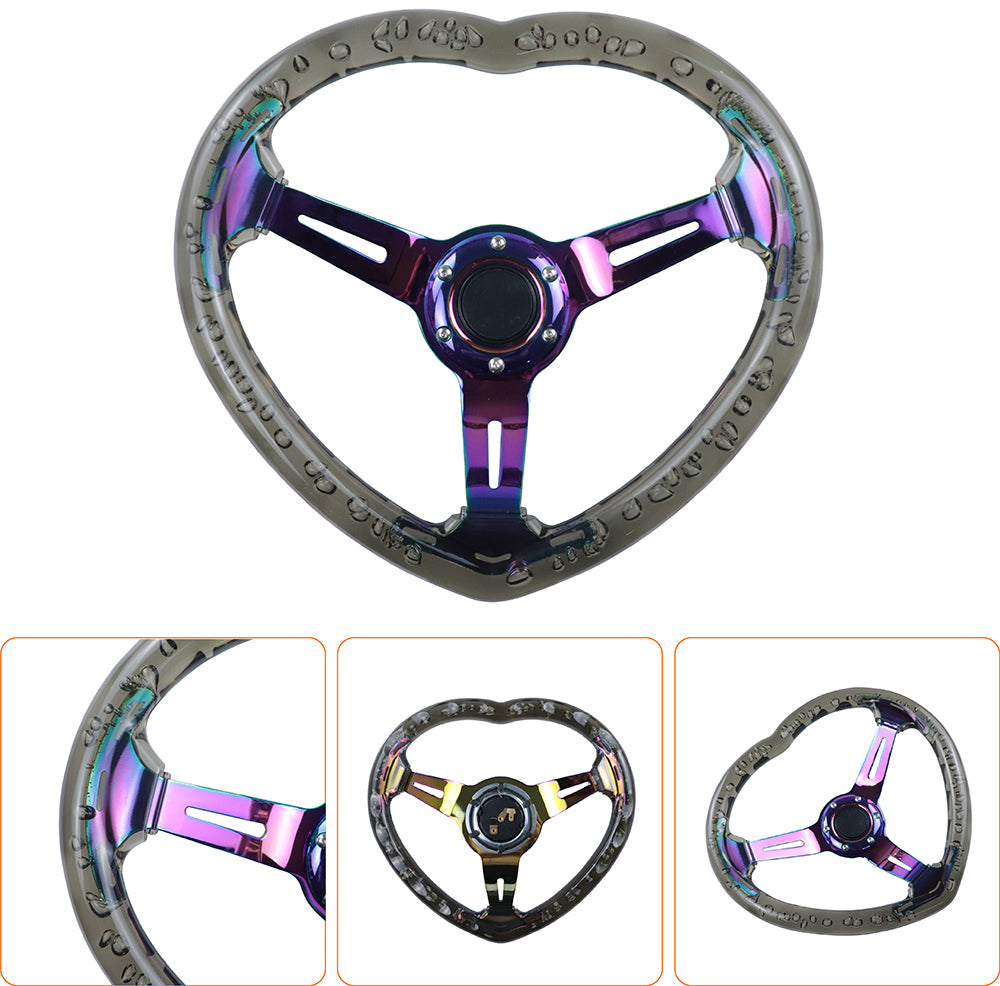 Brand New Universal 6-Hole 350MM Heart Black Deep Dish Vip Crystal Bubble Neo Spoke Steering Wheel