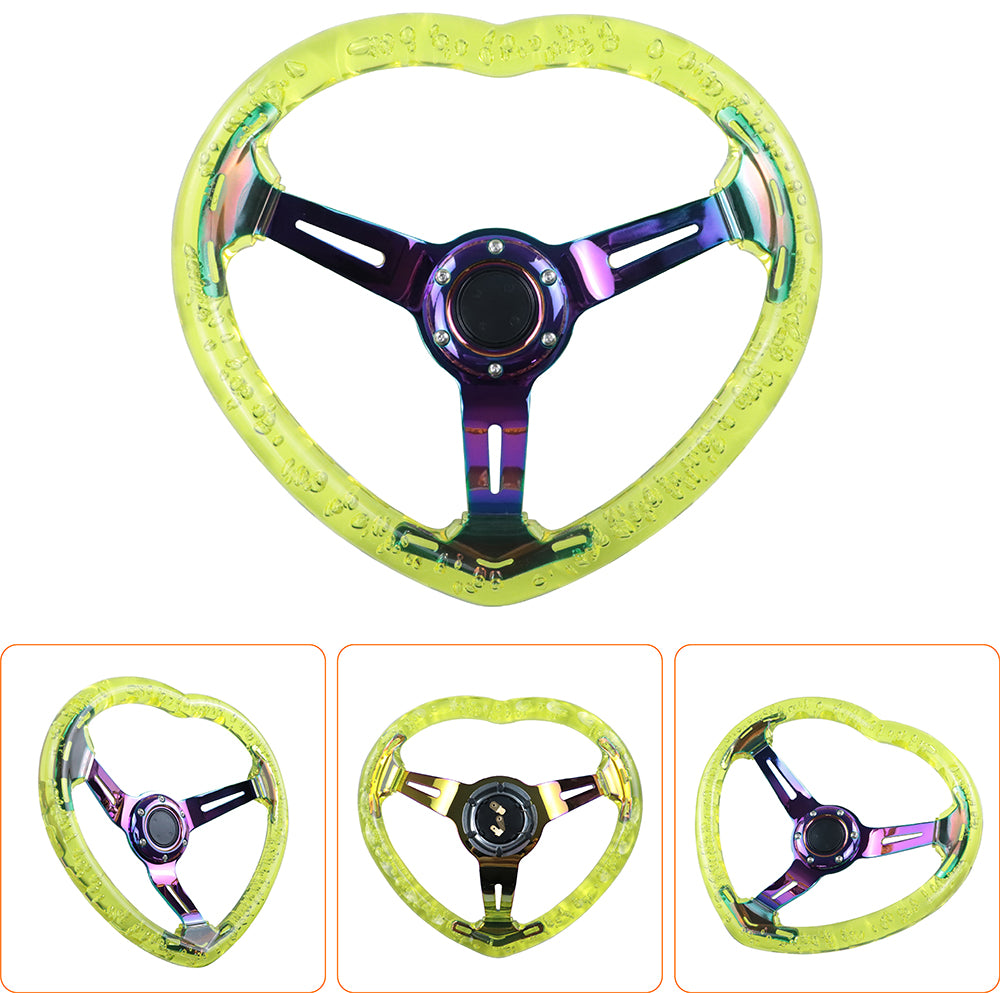 Brand New Universal 6-Hole 350MM Heart Yellow Deep Dish Vip Crystal Bubble Neo Spoke Steering Wheel