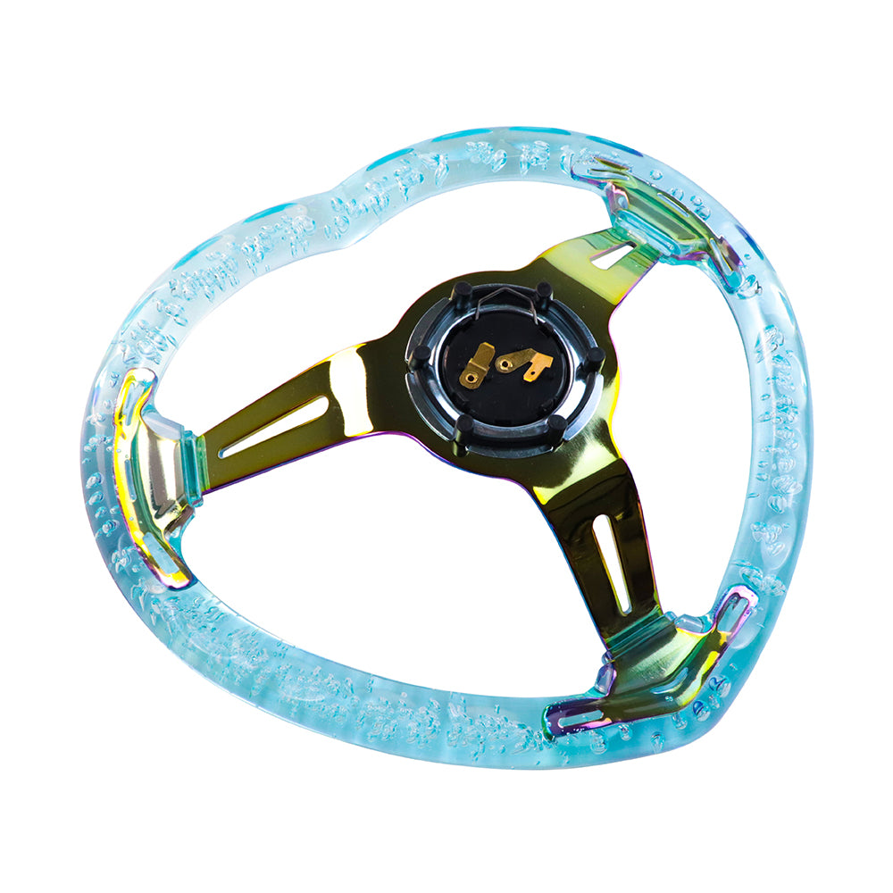 Brand New Universal 6-Hole 350MM Heart Light Blue Deep Dish Vip Crystal Bubble Neo Spoke Steering Wheel