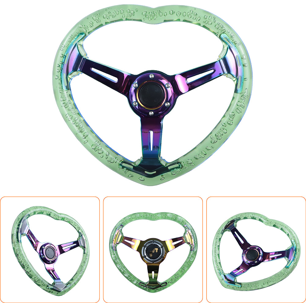 Brand New Universal 6-Hole 350MM Heart Green Deep Dish Vip Crystal Bubble Neo Spoke Steering Wheel