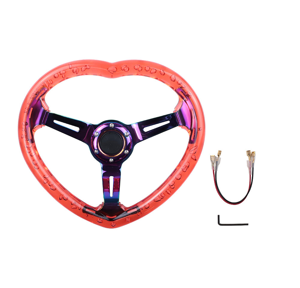 Brand New Universal 6-Hole 350MM Heart Red Deep Dish Vip Crystal Bubble Neo Spoke Steering Wheel