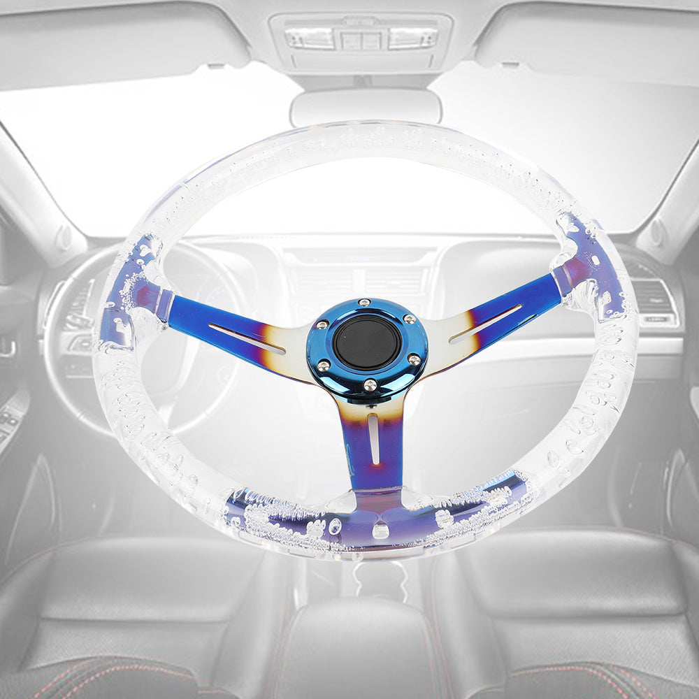 Brand New Universal 6-Hole 350mm Deep Dish Vip Clear Crystal Bubble Burnt Blue Spoke Steering Wheel