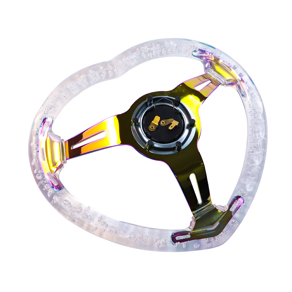 Brand New Universal 6-Hole 350MM Heart Clear Deep Dish Vip Crystal Bubble Neo Spoke Steering Wheel