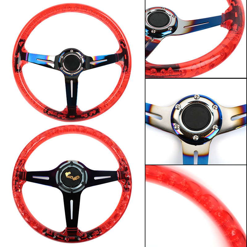 Brand New Universal 6-Hole 350mm Deep Dish Vip Red Crystal Bubble Burnt Blue Spoke Steering Wheel