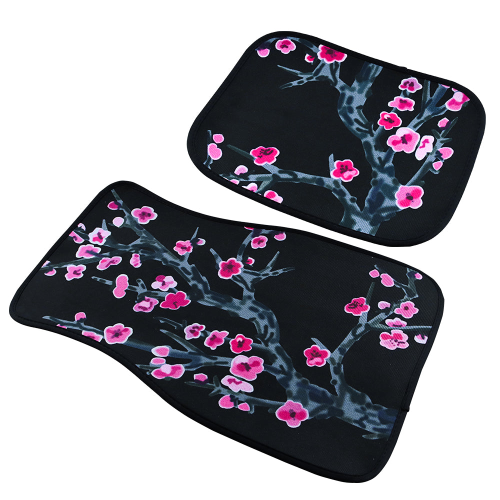 Brand New Universal 4PCS SAKURA FLOWER Racing Black Fabric Car Floor Mats Interior Carpets